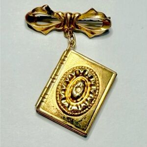 Vintage Victorian Style Gold Bow Brooch w/ Hanging Locket & Medallion Accent